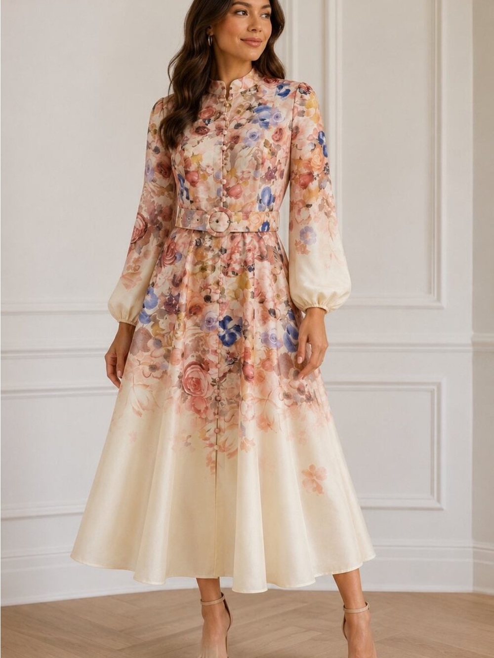 Commense Cream Floral Belted Midi Dress with Pastel Bouquet